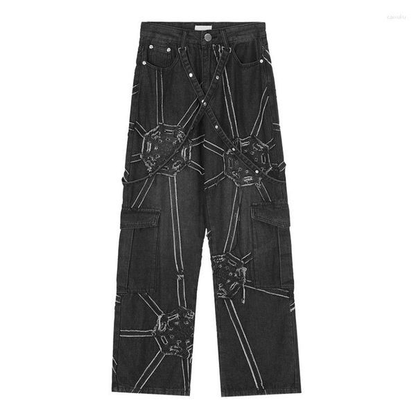 Pantalones vaqueros para hombre Hi Street, pantalones informales holgados negros, ropa de calle Harajuku, pantalones vaqueros lavados con empalme de red para hombre, corte holgado