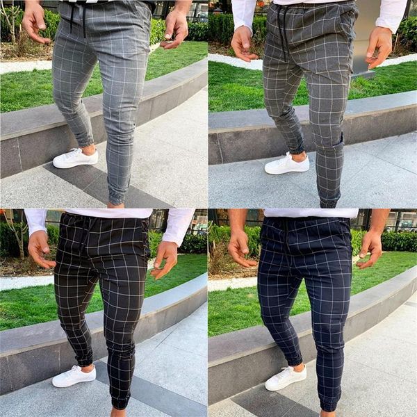 Erkek pantolon erkek moda sıska ekose basılı ofis rahat elastik slim fit joggers brawstring eşofman yaz kalem pantolon