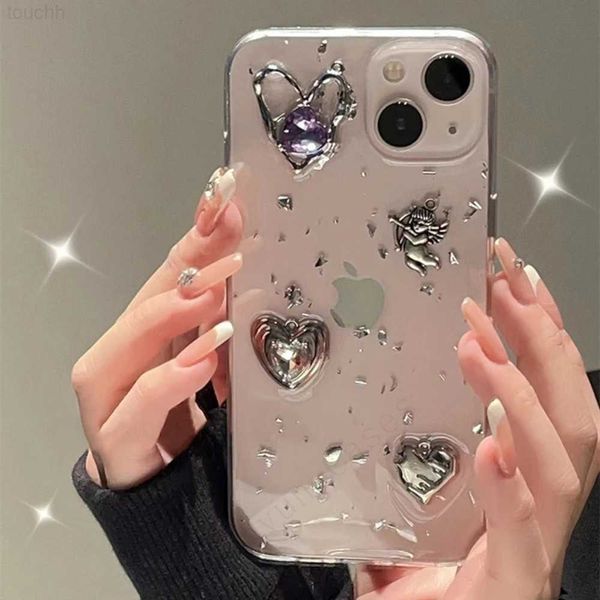 Cep Telefon Kılıfları Retro Metal Parlayan Cupid Aşk Kalp Kılıfı için 14 13 12 12 11 PRO XS MAX X XR GLITTER 3D Epoksi Şeffaf Yumuşak Kapak L230731