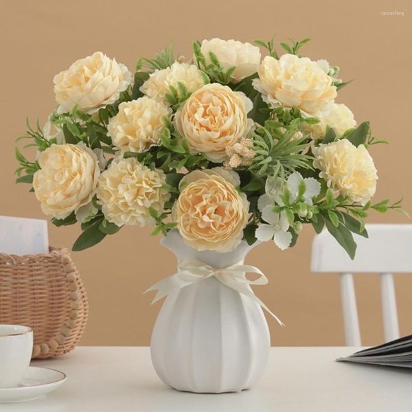 Fiori decorativi Bouquet di peonie artificiali realistiche Puntelli riutilizzabili per matrimoni riutilizzabili non appassiti per la decorazione domestica 6 teste Faux China Rose