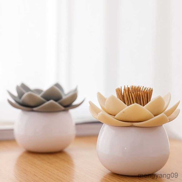 2pcs Toothpick Holders Cotton Swab Storage Container Creative Dustproof Portable Lotus Flower Toothpicks Holder for Home Storage Box R230802