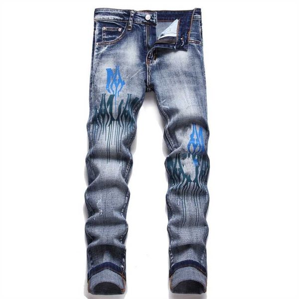 Jeans da uomo in difficoltà Motociclista da motociclista Jean Snake Ricamo Rock Skinny Slim Strappato Hole Stripe Pantaloni in denim alla moda1p65r8gc