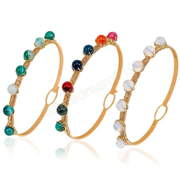 Bracciale rigido per bracciale Chakra fatto a mano con avvolgimento in filo metallico per bracciale regolabile color oro con perline naturali da 6 mm