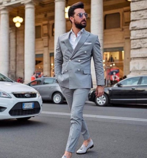 Ternos masculinos Clássico Fashion Conjunto cinza claro com seios duplos para festa de casamento do noivo Slim Fit Negócios Casual Personalização (Jaqueta Calças