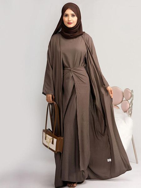 Conjunto de roupas étnicas Abaya de 3 peças, mulheres muçulmanas, roupas combinando, quimono, mangas compridas, vestido, saia envolvente, Dubai, Ramadã, Eid, oração, islâmica