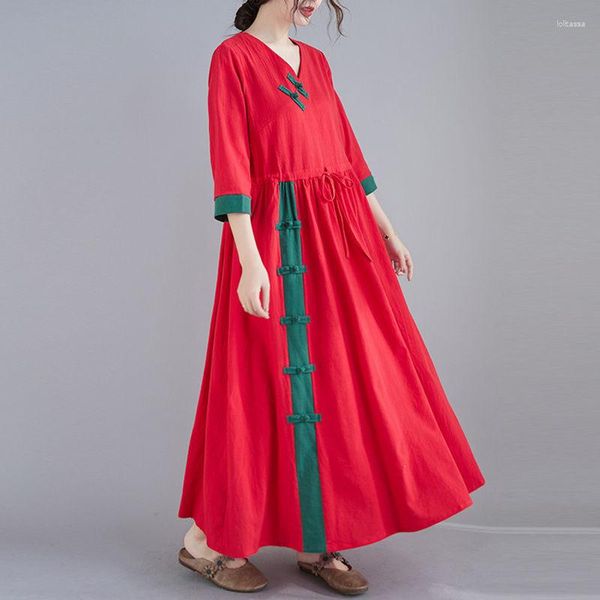 Sıradan elbiseler yaz kadın pamuk keten v yaka yarım kollu kemer uzun elbise Korean gevşek kontrast renk tabak tokası bayan