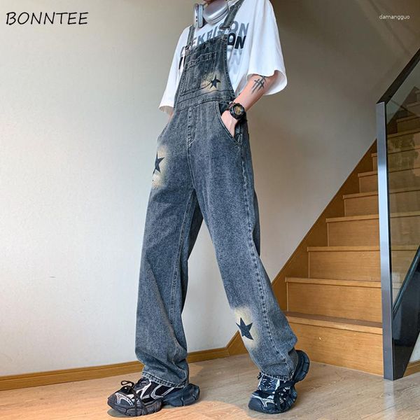 Macacão Jeans Masculino Folgado Americano Adolescentes Streetwear Bonito Preppy Calças Denim Hip Hop Estampa Chique Unissex Roupa Y2k Vintage