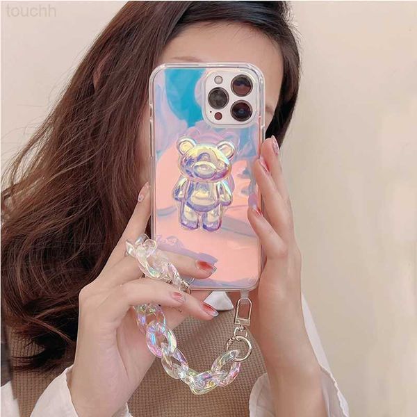 Casos de telefone celular 2022 Clear Cute Cartoon 3D Bear Bracket Soft Silicone Phone Case para 11 12 13 Pro Max X XS XR 7 8 Plus SE 3 Laser Pulseira Capa L230731