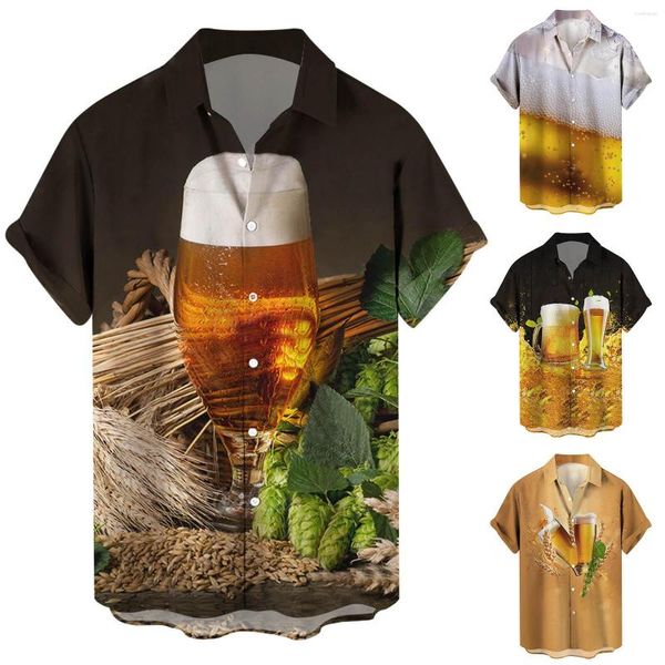 Camisas casuais masculinas camiseta decote em v masculino moda verão digital 3d impresso lapelas botões manga curta e tops cerveja elastano