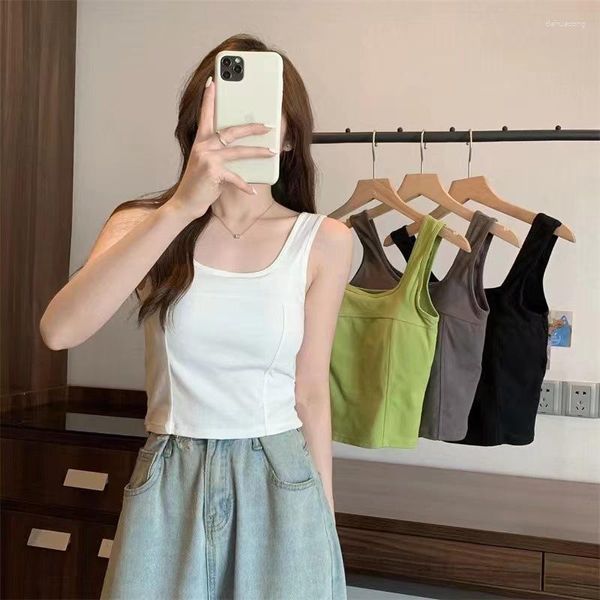 Yoga Outfit 2023 Frauen Ärmel Crop Top Y2K Tank frauen T-shirt Leibchen Mit BH Pad Baumwolle Quadrat Kragen Sexy weste Schönheit Zurück