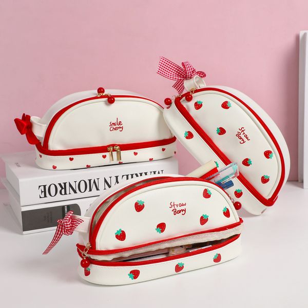 Sacchetti a matita jianwu custodie di ciliegia di grande capacità Doublelayer Strawberry Portante PU Bag Kawaii Stationery School Supplies 230802