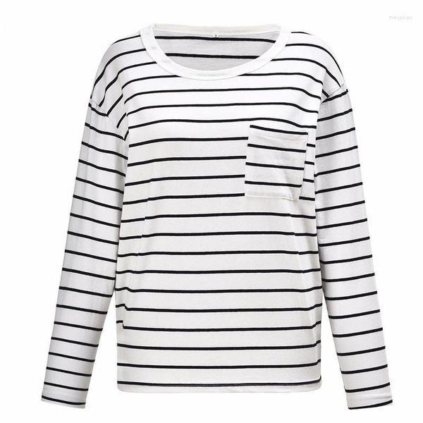 T-shirt da donna Camicia da donna Vintage Stripe Tunica Tops Plus T-shirt larghe 2023 Autunno manica lunga Casual Camiseta Feminina