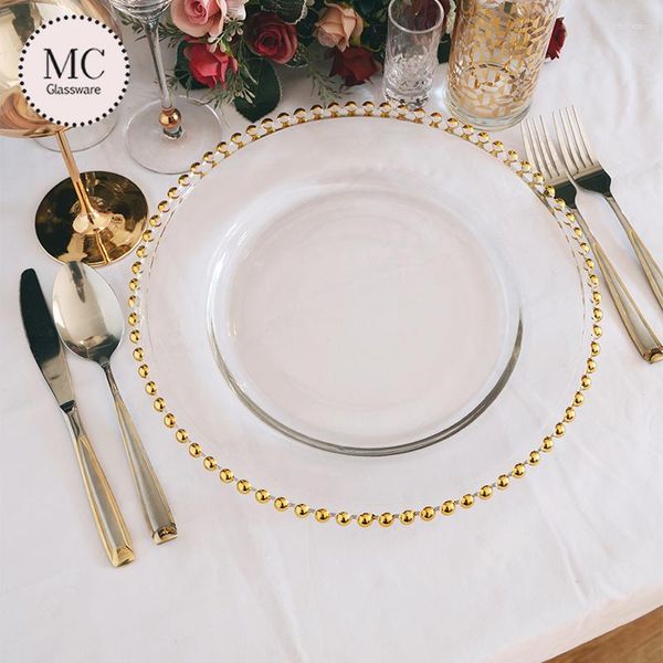 Placas de 12,6 polegadas transparentes de vidro dourado para casamento atacado prata frisado carregador