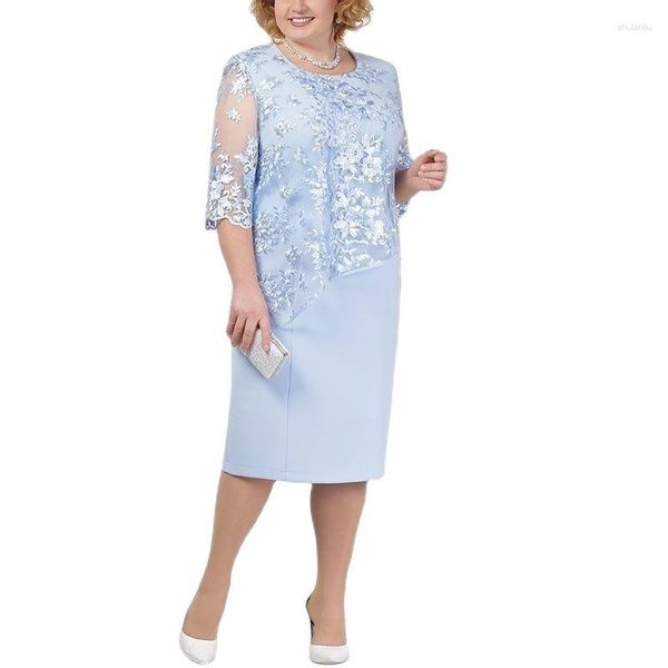 Vestidos casuais 2023 moda feminina terno de renda gordo tamanho grande meia manga vestido de noite floral combinando elegante lápis com decote em O festa para mulheres