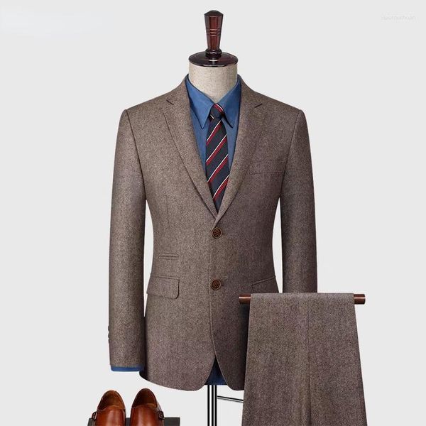 Ternos Masculinos (Calças Blazer) Moda Negócios Casamento Lã Grosso Cavalheiro Magro Estilo Italiano Casual Noivo Anfitrião de Dança Conjunto de 2 peças