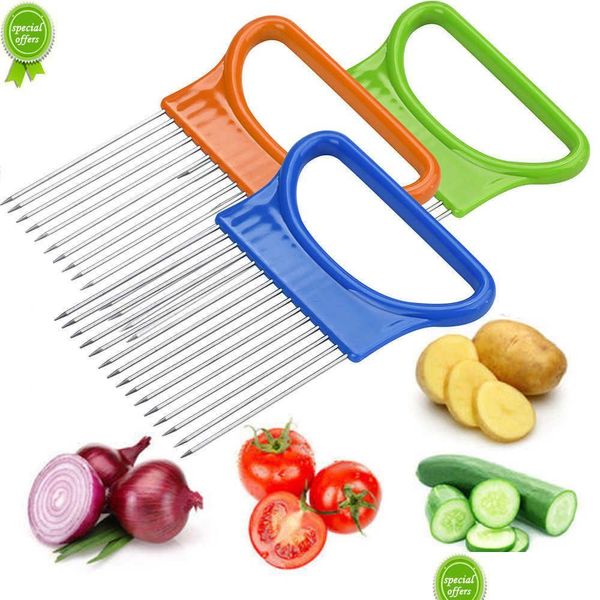 Utensílios para assar e confeitar Utensílios domésticos Tomate Cebola Fatiador de legumes Suporte para auxiliar de corte Guia Cortador de fatias Garfo seguro Uso para cozinha Dhaqt