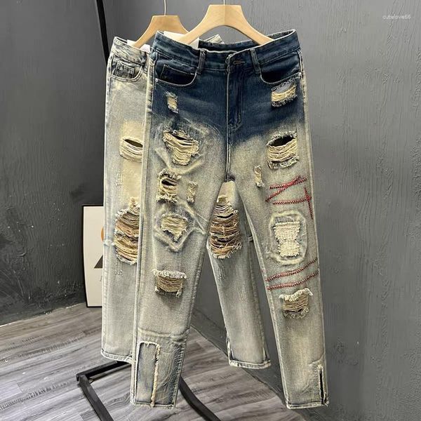 Jeans Masculino 2024 Verão High Street Esfarrapado Hole Ins Tide Brand Design Sense Calças Beggar Calças Slim Retas Estilo