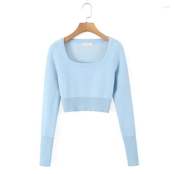 Frauenpullover YENKYE 2023 Frauen Brief Drucken Hellblau Crop Strickpullover Sexy O-Ausschnitt Langarm Weibliche Pullover Top