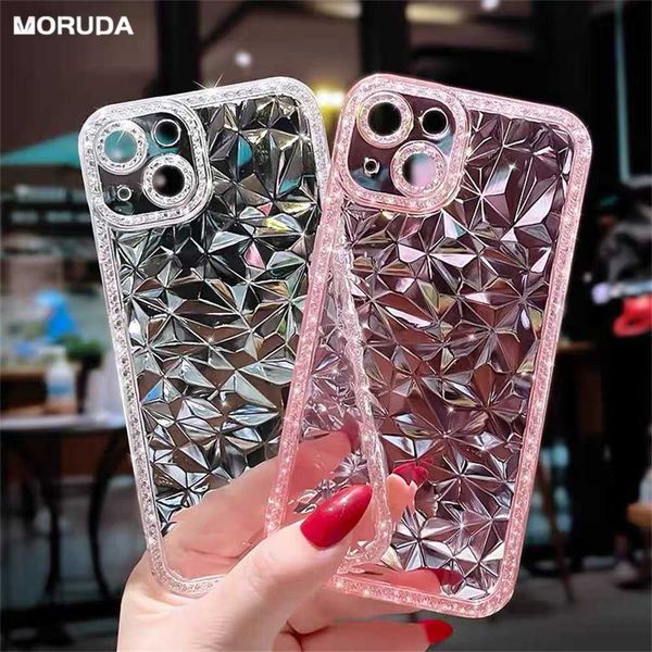 Handyhüllen Transparent für 3D Rhombic Glitter Diamond Case für iPhone 14 Pro 13 12 Pro Max 14 Plus 11 Weiche TPU Clear Shockroof Back Cover L230731