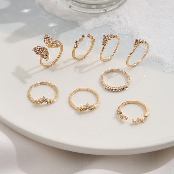 Cluster-Ringe 8 teile/satz Frauen Einfache Knuckle Zubehör Böhmischen Schmetterling Gold Farbe Ring Set Zirkon Blume Blatt Offen