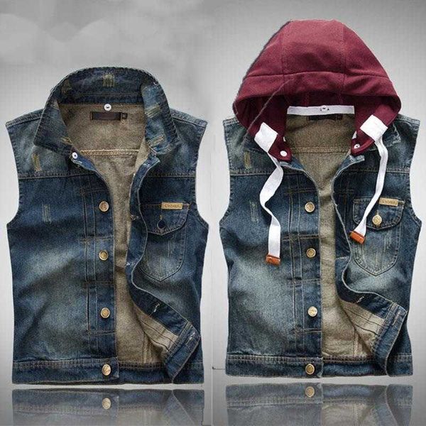 Canotta da uomo all'ingrosso - Il nuovo gilet da motociclista in denim retrò di tendenza della moda di vendita calda del 2023 con cappuccio semplice gilet in denim strappato sottile senza maniche Colete uomo