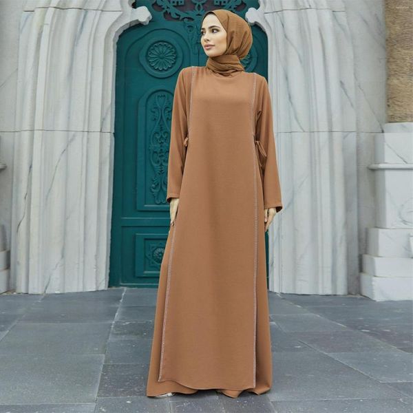 Abbigliamento etnico Moda Donna Elegante Solido Dubai Turchia Abaya Robe Hijab Musulmano Abito con paillettes Manica lunga Maxi Kaftan
