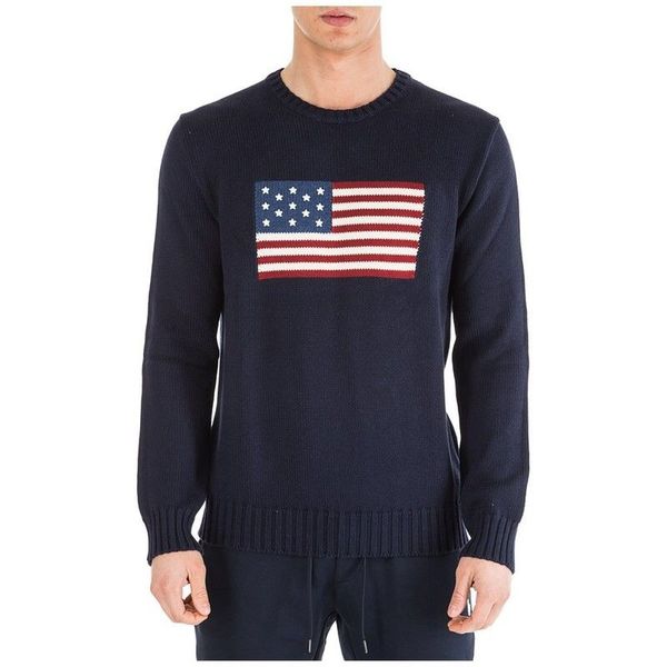 Hochwertiger Pullover mit Flagge der Vereinigten Staaten, Herren-Poloshirt, langärmelig, Bärenmuster, einfarbig, lässiger Strickpullover, S-XL