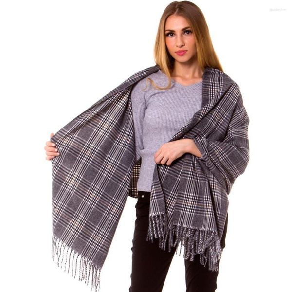 Sciarpe Sciarpa scozzese a quadri in seta di cashmere Avvolgere Scialle oblungo Moda calda Hijab lungo e spesso Coperta scozzese di alta qualità Autunno Inverno Grigio