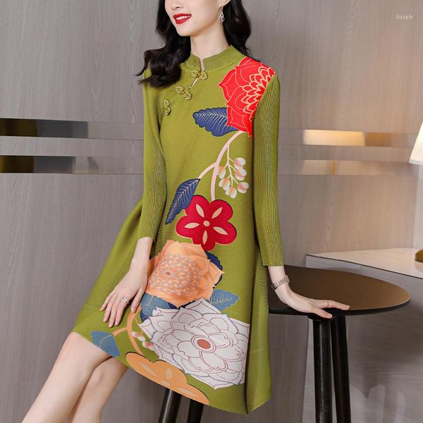 Vestidos casuais estilo chinês gola alta estampa flor miyak mini vestido plissado feminino comprimento médio commuter linha A lótus