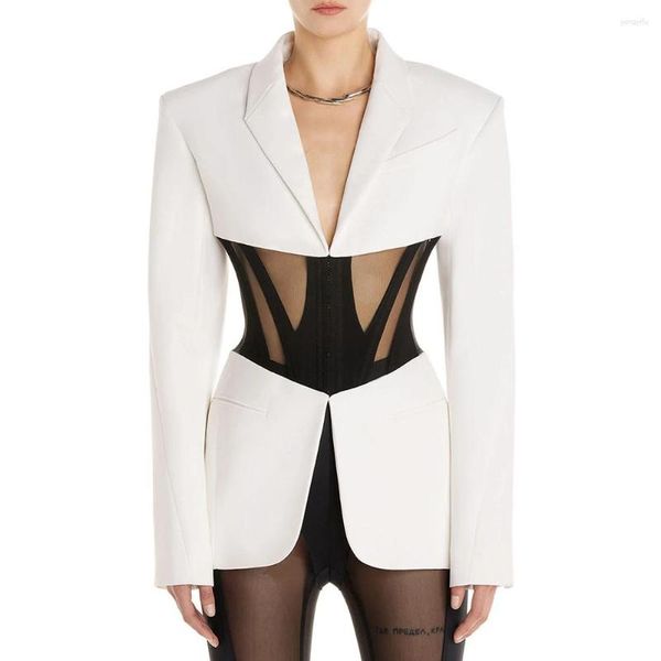 Giacche da donna 2023 Wear Black White Sexy Mesh Splice Corset Details Suit Giacca blazer di alta qualità