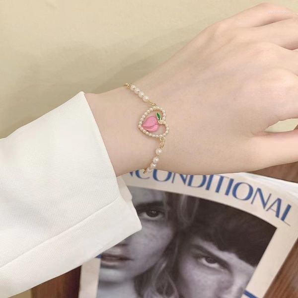 Pulseiras de link de cor dourada Pulseira de aço inoxidável Corrente para mulheres Meninas Coração rosa Pérolas Jóias Presentes Atacado 2023