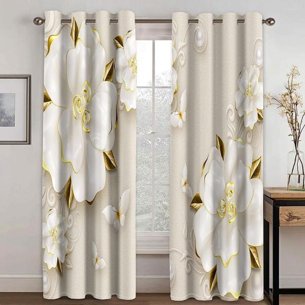 Cortina retorno luxo flor alívio roce cortinas brancas 2 peças janela fina para sala de estar quarto decoração