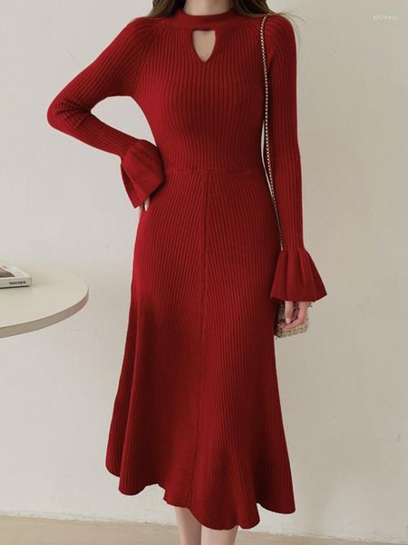 Vestidos Casuais Vintage Stretch Malha Camisola Vestido Pulôver Para Mulheres Outono Inverno Desgaste Lady Knit Hole Sexy Elegante Natal Vermelho