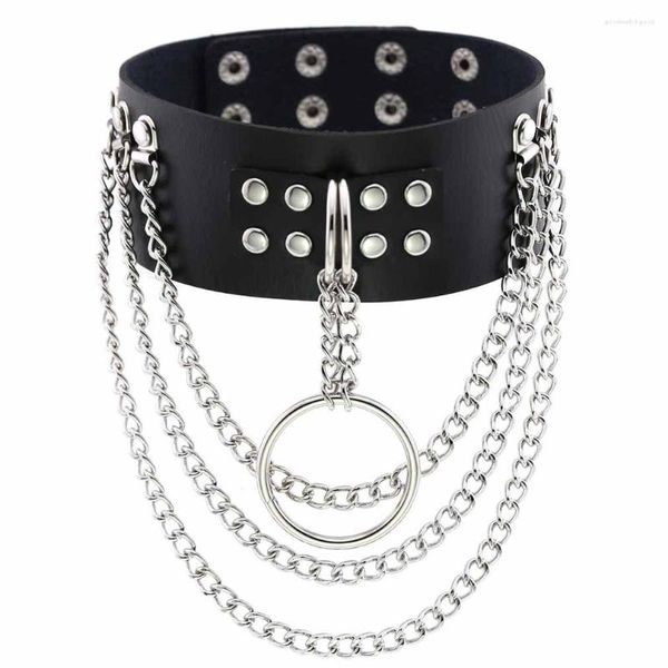 Halsband aus Punk-Leder, 50 mm breit, dreilagige silberfarbene Kette mit Ringniet, dornenlose Dekoration, Halsschmuck für Frauen