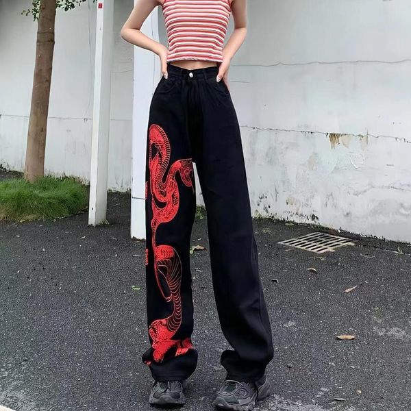 Damenjeans, europäischer und amerikanischer dunkler Schlangendruck, weites Bein, Punk, Harajuku, Persönlichkeit, Streetwear, Trend, Damenhose