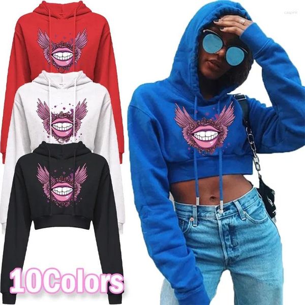 Moletom Feminino Moda Feminino Sexy Y2K Atacado Personalizável Verão Moletom Casual Com Lábios Desenhos Animados Estampado Manga Longa Com Capuz Curto