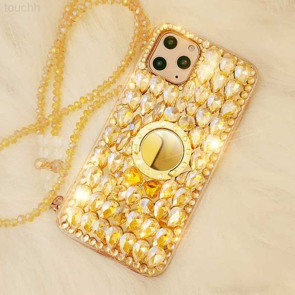 Custodie per cellulari Cinturino in cristallo oro Anello per telefono Custodia con strass di diamanti per iPhone 14 12 13 SE 2022 11 Pro MAX X XR XS 7 8 Plus Custodia Glitter Bling L230731