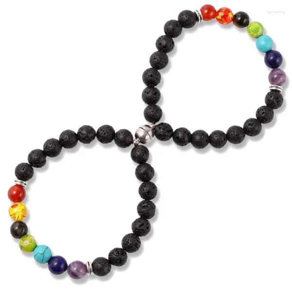 Braccialetti con ciondoli Coppia Magnetite 8mm Lava Rock 7 Chakra Bracciale con diffusore di olio essenziale Bracciale elastico con perline in pietra naturale per