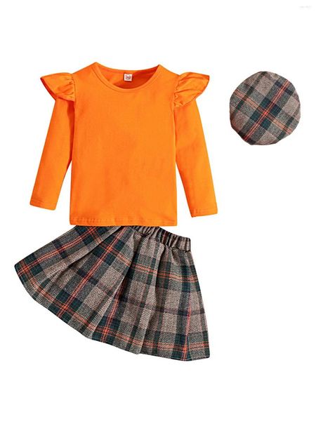 Kleidungssets 2-7T Kleinkind Kinder Mädchen Herbst Outfits Rüschen Langarm Solide T-Shirt Tops Plaid Falten Minirock Hut Kleidung Set