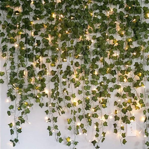 Dekoratif çiçekler 2.3m yapay sarmaşık yeşil yaprak sarmaşık asma ile 2m led ip ışıkları seti diy düğün parti ışık çelenkleri
