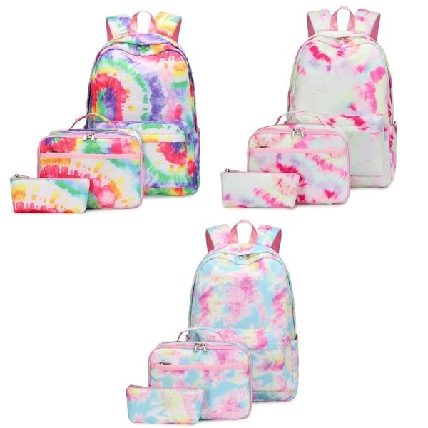 Mochila Escolar Mochila de Nylon com Vários Bolsos com Bolsa de Almoço Bolsa de Lápis Mochila Bonita Casual Mochila Tie Dye para Estudante 230801