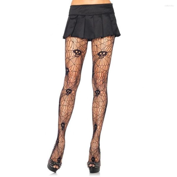 Calzini da donna Collant di Halloween Collant a rete per calze autoreggenti sexy Scava fuori Moda Stampa teschio Calza nera Calcetines per feste