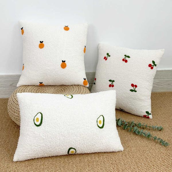 Almofada/Decorativo Novo Branco Pelúcia Frutas Bordadas Capas de Almofada Caso 30x50cm 45x45cm Conforto Macio Capas Pilloe para Sofá-Cama Sala de Estar