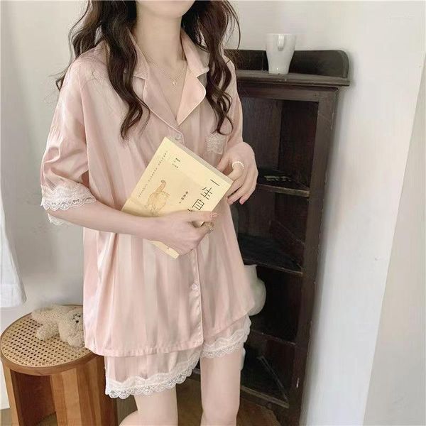 Conjuntos de pijamas femininos de renda para pijamas coreanos sólidos com bolso e roupa íntima roupas íntimas de duas peças para usar à noite roupas 2023