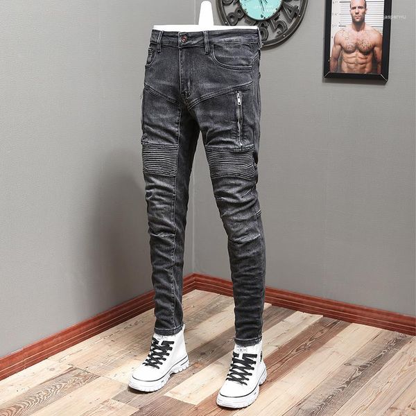 Erkek kot caddesi moda erkekler retro siyah gri elastik ince fit eklenmiş tasarımcı bisikletçisi homme kırışıklık yama hip hop pantolon