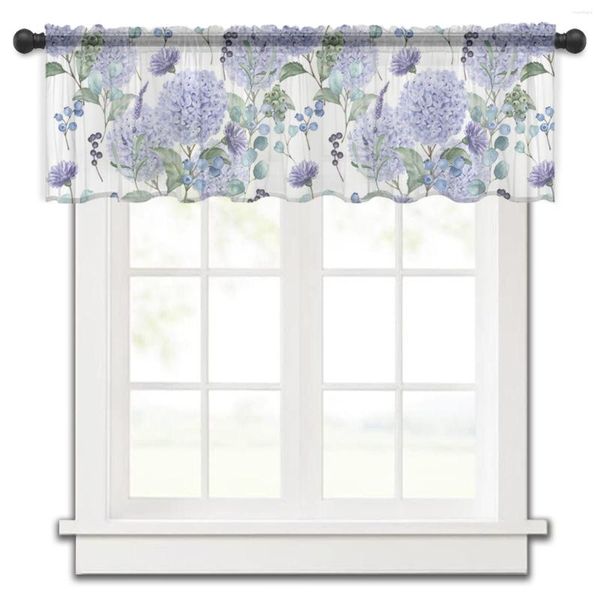 Cortina primavera aquarela flores hortênsia cozinha pequeno tule transparente quarto curto sala de estar decoração de casa cortinas voile