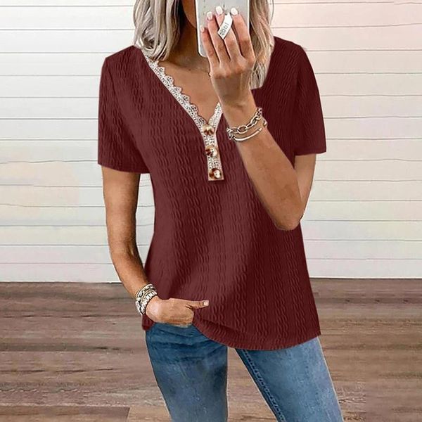 T-shirt da donna allentate casual in pizzo con bottoni intrecciati motivo quotidiano estate scollo a V manica corta top camicia lunga