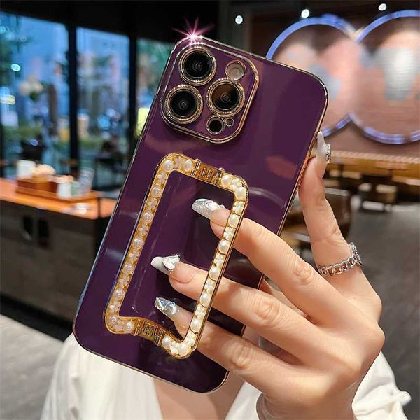 Capas para celular O novo para iPhone 14 13 12 11 Pro Max X Xs XR 7 8 Plus SE2020 Capa de telefone Luxuosa 3D Pearl Square Holder Capa banhada a ouro L230731