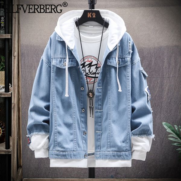 Jaquetas masculinas jaqueta jeans com capuz slim fit casual streetwear jeans manga longa casacos modernos outono inverno casaco masculino 230802