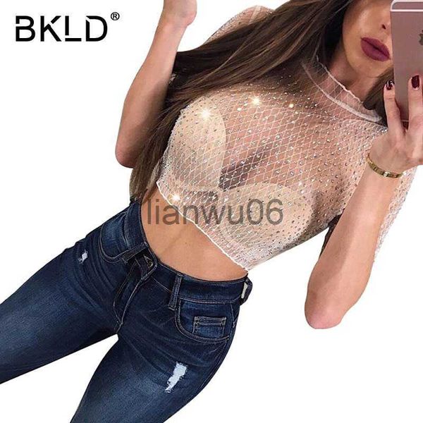 Blusas Femininas Camisas BKLD 2017 Outono Feminino Crop Camisas Diamantes Feminino Sexy Blusas Transparentes Meia Manga Elegante Preto Branco Transparente Malha Brilhante Tops J230802